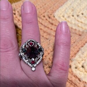 Antique-Style Purple Gem Statement Ring with Red & Green Accents